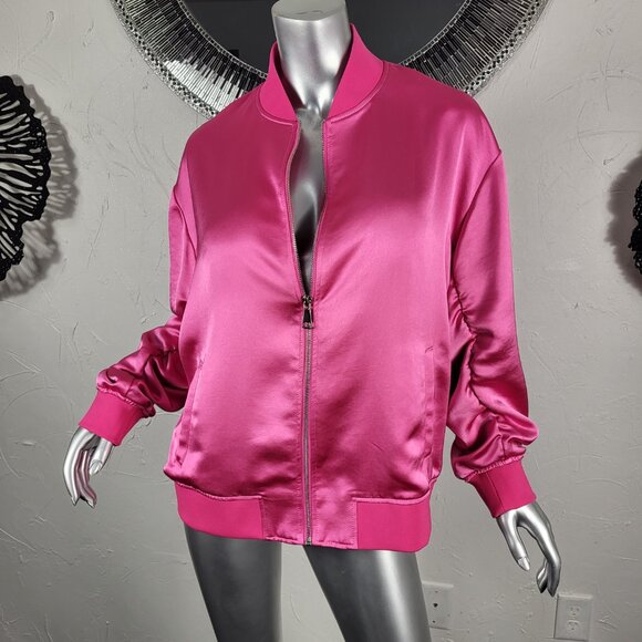 EXPRESS~SZ L~BRIGHT PINK SATIN LIKE FULL ZIP RUCHED SLEEVE BOMBER JACKET COAT - Picture 1 of 16